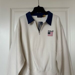 Polo by Ralph Lauren White Quarter-Zip Sweatshirt with Navy Collar